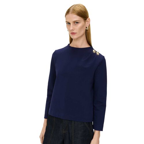 Veronika Maine Compact Ponte Button Shoulder Top